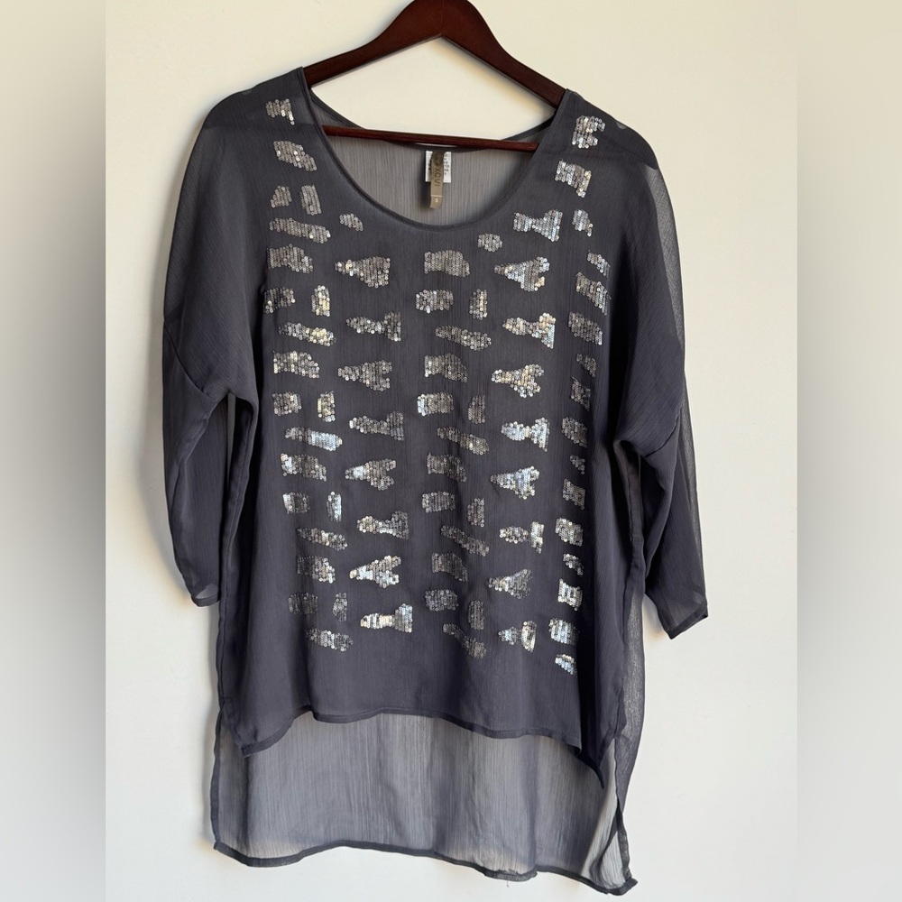 XCVI Sheer Gray Blouse Women Small Gold Sequin Sparkle festival animal print